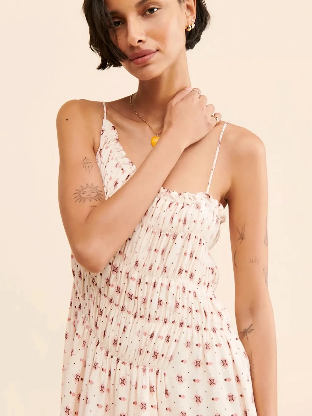 Free People Clementina Mini Dress Smocked Floral Cami Blush White Size Large